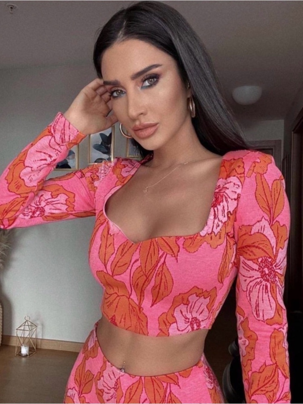 Concert Ready & Hot! Body Con Sz S Bold Pink Orange Floral Zara Crop Top